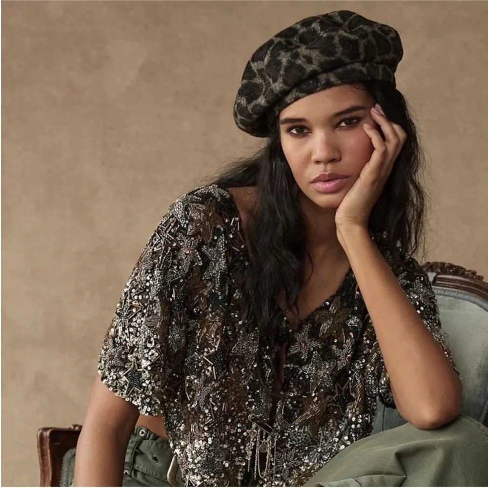Free people understated leather Leopard Print Beret OS NWOT